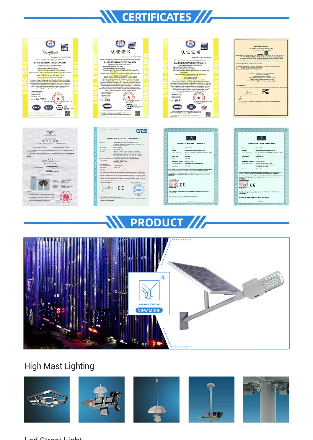 Stadium Spotlight/Floodlight Galvanized Steel/Metal High-Mast Solar Street Lighting/Light Pole with Factory Price